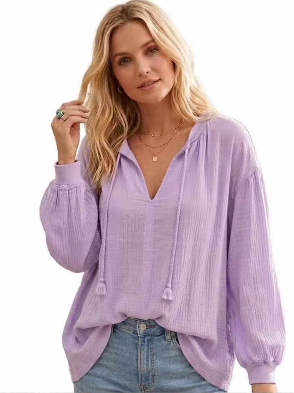 Aerie Lavender Boho Crinkle Gauze V-Neck Oversized Sweatshirt Balloon Sleeves